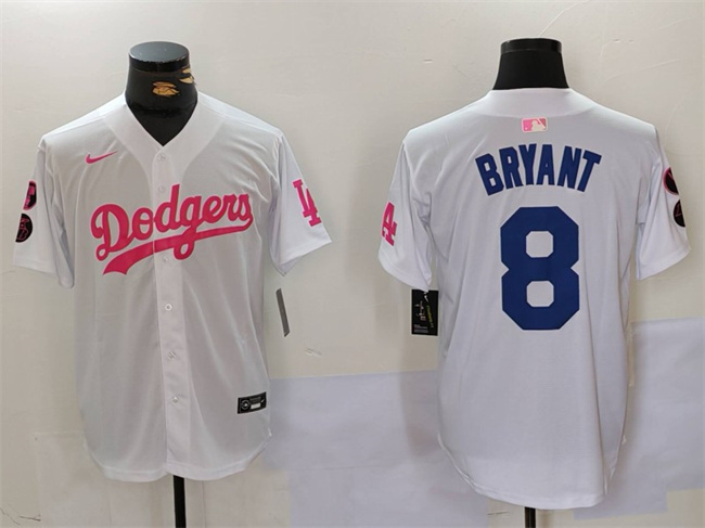 Los Angeles Dodgers #8 Kobe Bryant White Pink Vin Kobe Patch Stitched Jersey - Click Image to Close